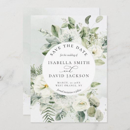 Eucalyptus Green Foliage Sage Green White Floral Save The Date (Voorkant / Achterkant)