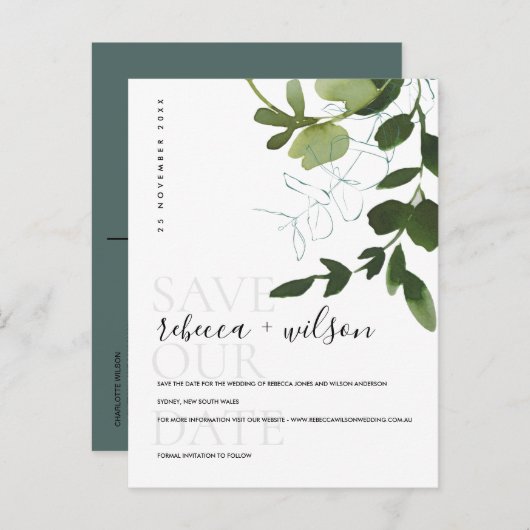 EUCALYPTUS GREEN FOLIAGE WATERVERF BEWAREN DE DATU AANKONDIGINGSKAART (Voorkant / Achterkant)