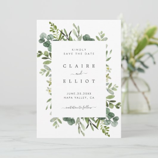 Eucalyptus Green Foliage Weddenschap Save The Date (Staand voorkant)