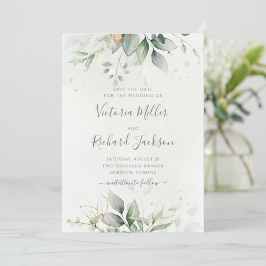 Eucalyptus Green Foliage Weddenschap Save The Date (Staand voorkant)
