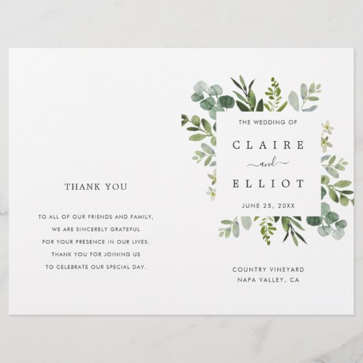 Eucalyptus Green Foliage Wedding Ceremony Programm (Voorkant)
