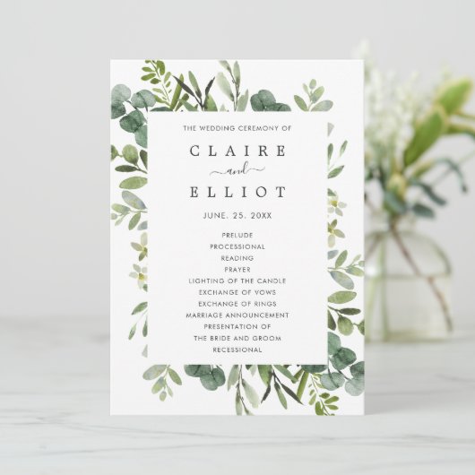Eucalyptus Green Foliage Wedding Ceremony Programm Programmakaart (Staand voorkant)