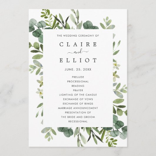 Eucalyptus Green Foliage Wedding Ceremony Programm Programmakaart (Voorkant)