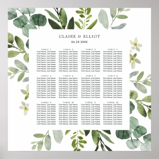 Eucalyptus Green Foliage Wedding Seding Chart Poster (Voorkant)