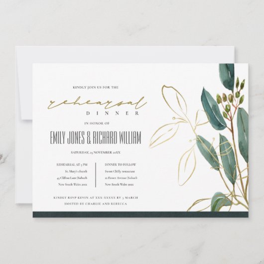 EUCALYPTUS GREEN GOLD FAUNA REHEARSAL DINER INVITE BEDANKKAART (Voorkant)