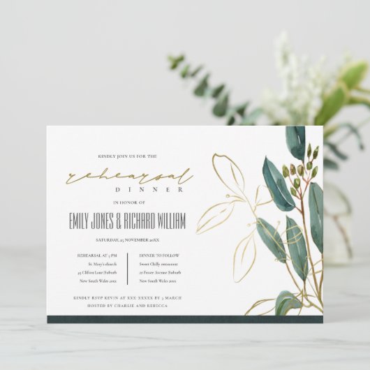 EUCALYPTUS GREEN GOLD FAUNA REHEARSAL DINER INVITE BEDANKKAART (Staand voorkant)