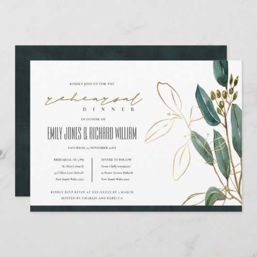 EUCALYPTUS GREEN GOLD FAUNA REHEARSAL DINER INVITE BEDANKKAART (Voorkant / Achterkant)