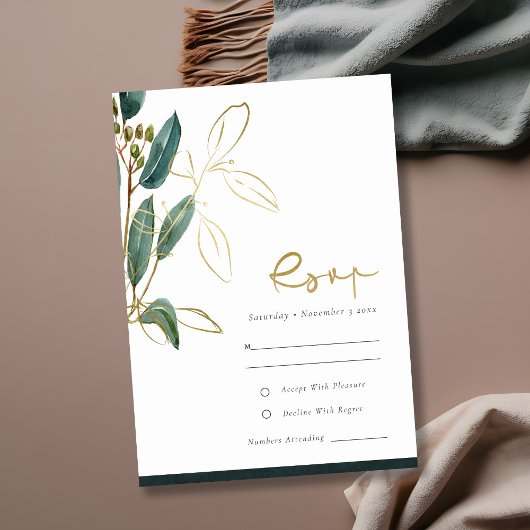 Eucalyptus Green Gold Foil Foliage Weddenschap RSV Informatiekaartje