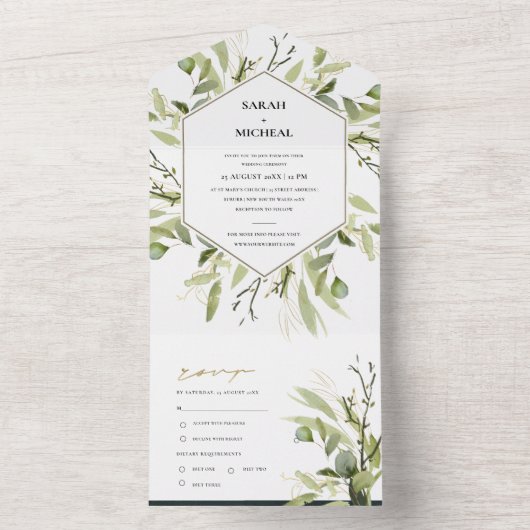 EUCALYPTUS GREEN GOLD FOLIAGE HEXAGONAL WEDDING ALL IN ONE UITNODIGING (Binnen)