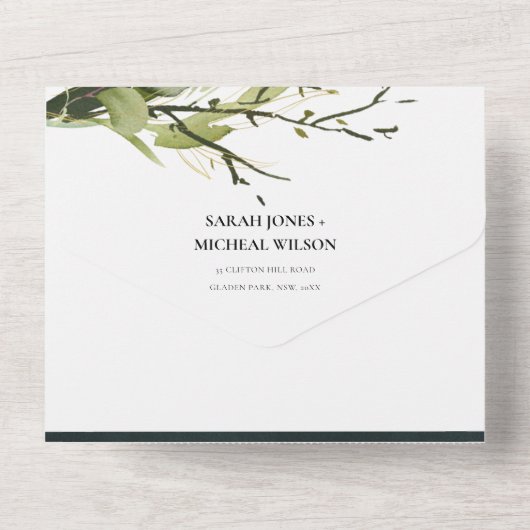 EUCALYPTUS GREEN GOLD FOLIAGE HEXAGONAL WEDDING ALL IN ONE UITNODIGING (Achterkant)