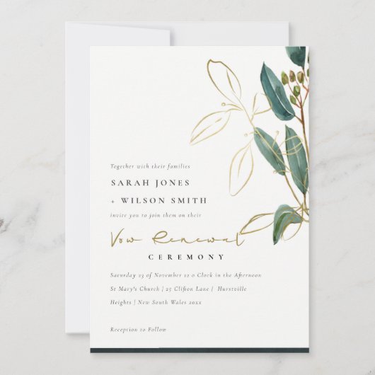 EUCALYPTUS GREEN GOLD FOLIAGE VOW RENEWAL INVITE BEDANKKAART (Voorkant)