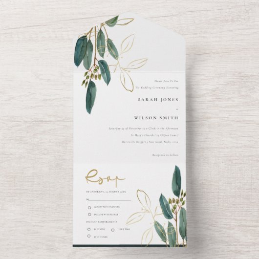 Eucalyptus Green Gold Foliage Waterverf Weddenscha All In One Uitnodiging (Binnen)