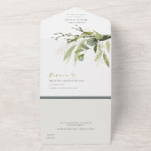 EUCALYPTUS GREEN GOLD FOLIAGE WATERVERF WEDDING ALL IN ONE UITNODIGING (Buitenkant)