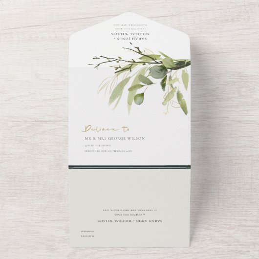 EUCALYPTUS GREEN GOLD FOLIAGE WATERVERF WEDDING ALL IN ONE UITNODIGING (Buitenkant)