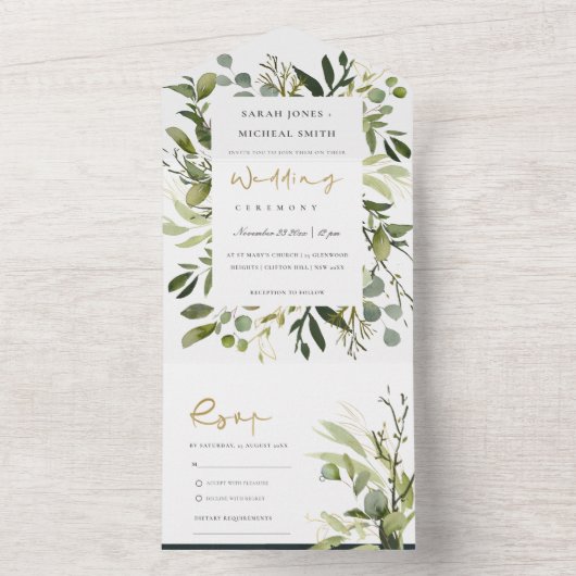 EUCALYPTUS GREEN GOLD FOLIAGE WATERVERF WEDDING ALL IN ONE UITNODIGING (Binnen)