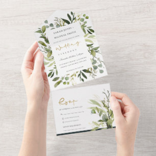 EUCALYPTUS GREEN GOLD FOLIAGE WATERVERF WEDDING ALL IN ONE UITNODIGING