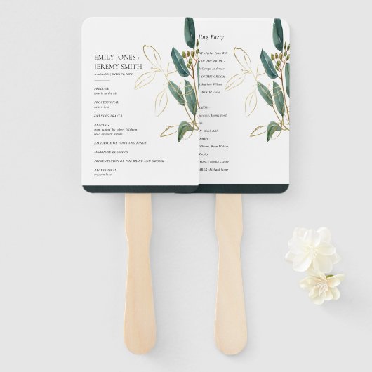 EUCALYPTUS GREEN GOLD FOLIAGE WEDDING PROGRAMMA HANDWAAIER (Voorkant en achterkant)