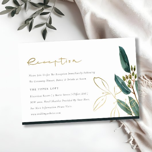 EUCALYPTUS GREEN GOLD FOLIAGE WEDDING RECEPT INFORMATIEKAARTJE