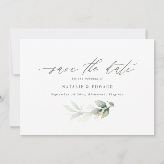 Eucalyptus green Gold minimale bruiloft Save The Date (Voorkant)