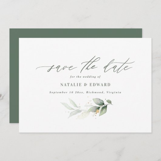 Eucalyptus green Gold minimale bruiloft Save The Date (Voorkant / Achterkant)