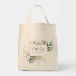 Eucalyptus Green Gold Monogrammed Bridesmaid Tote Bag