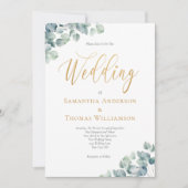 Eucalyptus Green Gold Script Elegant Weddenschap Kaart (Voorkant)