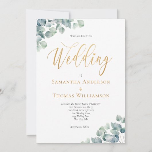 Eucalyptus Green Gold Script Elegant Weddenschap Kaart (Voorkant)