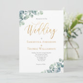 Eucalyptus Green Gold Script Elegant Weddenschap Kaart (Staand voorkant)