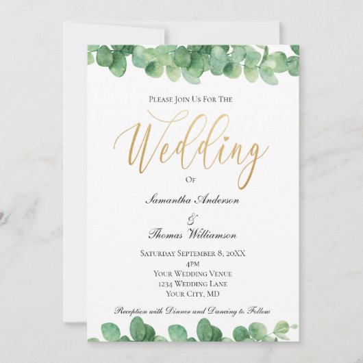 Eucalyptus Green Gold Script Elegant Weddenschap Kaart (Voorkant)