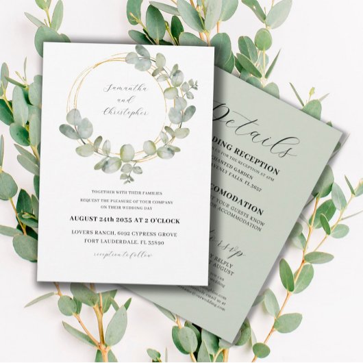 Eucalyptus Green & Gold Wreatall in One Wedding Kaart