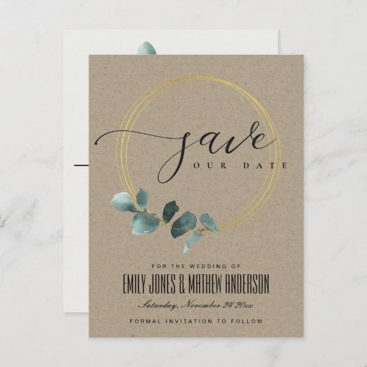 EUCALYPTUS GREEN KRAFT FAUNA WREATH BEWAREN DE DAT AANKONDIGINGSKAART (Voorkant / Achterkant)