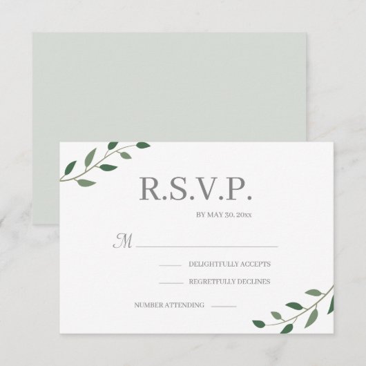 Eucalyptus Green laat elegante bruiloft RSVP achte Kaart (Voorkant / Achterkant)