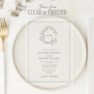 Eucalyptus Green Leafy Crest Monogram Weddenschap Acryl Uitnodigingen