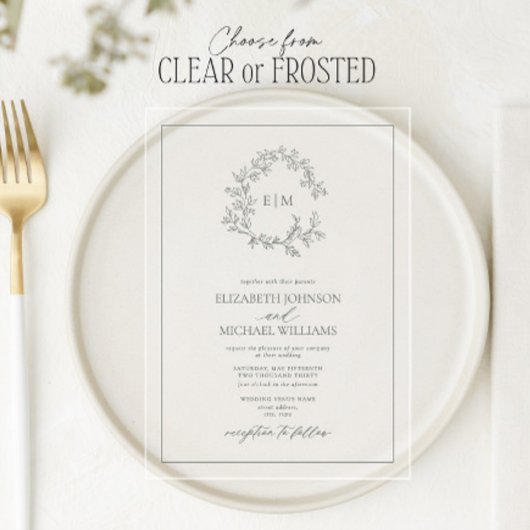 Eucalyptus Green Leafy Crest Monogram Weddenschap Acryl Uitnodigingen