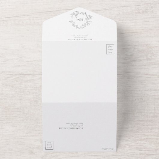 Eucalyptus Green Leafy Crest Monogram Weddenschap All In One Uitnodiging (Buitenkant)