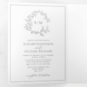 Eucalyptus Green Leafy Crest Monogram Weddenschap Drieluik Uitnodiging (Binnenzijde eerst)