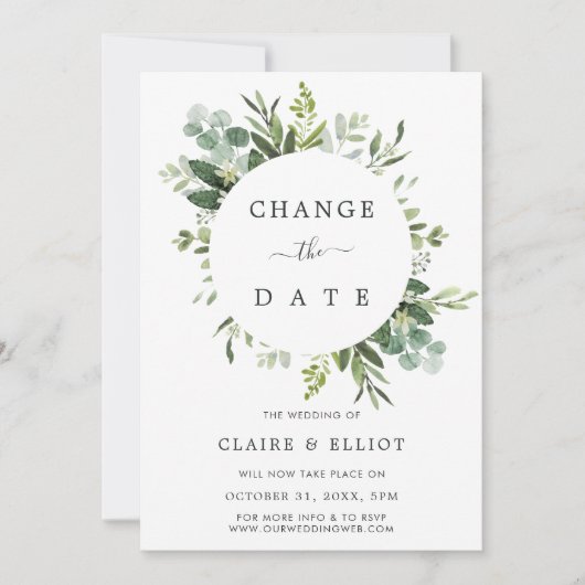 Eucalyptus Green Leaves Change the Date Wedding Kaart (Voorkant)