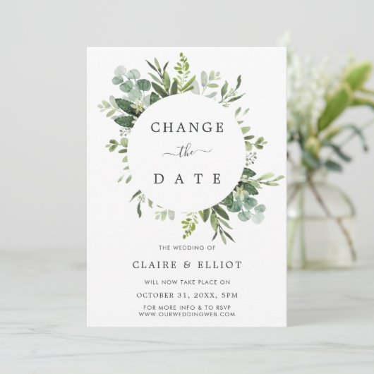 Eucalyptus Green Leaves Change the Date Wedding Kaart (Staand voorkant)
