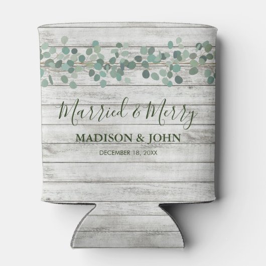 Eucalyptus Green Married and Merry Wedding Beer Blikjeskoeler (Achterkant)