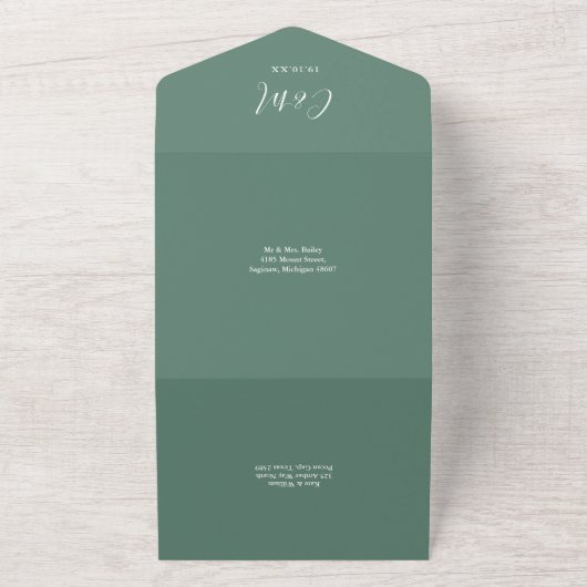 Eucalyptus Green Modern Signature Script Wedding All In One Uitnodiging (Buitenkant)