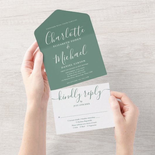 Eucalyptus Green Modern Signature Script Wedding All In One Uitnodiging (Afscheurbaar)