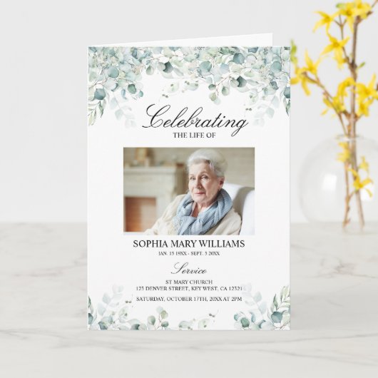 Eucalyptus Green Photo Memorial begrafenisprogramm Kaart (Gele Bloem)