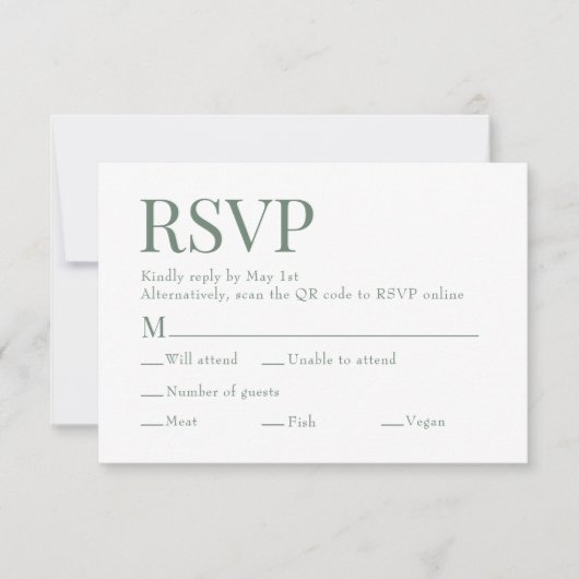 Eucalyptus Green Scan QR Code Maaltijdkeuze Trouwe RSVP Kaartje (Voorkant)