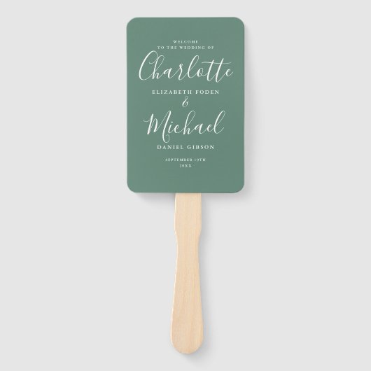 Eucalyptus Green Signature Script Trouwprogramma Handwaaier (Voorkant)