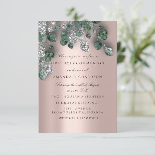 Eucalyptus Green Silver First Heilige Communie Kaart (Staand voorkant)