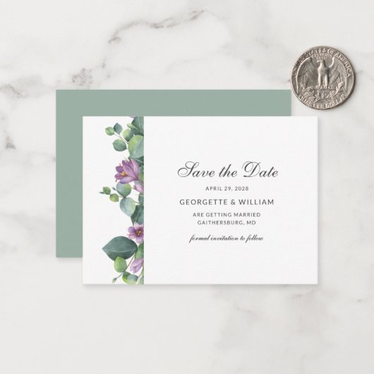 Eucalyptus Green Succulent Script Sla de datum op Notitiekaartje (Voorkant / Achterkant in situ)