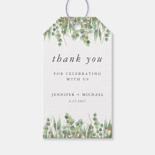Eucalyptus Green Waterverf & Gold Wedding Cadeaulabel (Voorkant)