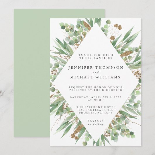 Eucalyptus Green Waterverf & Gold Wedding Kaart (Voorkant / Achterkant)