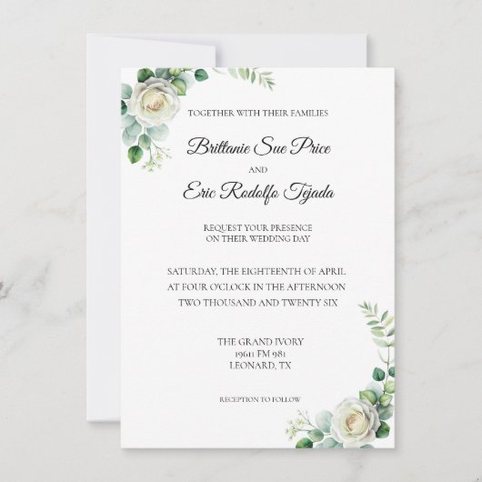 Eucalyptus Green White Flower Invitation Kaart (Voorkant)