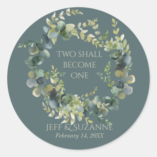 Eucalyptus Green Wreath Two wordt een bruiloft Ronde Sticker (Voorkant)